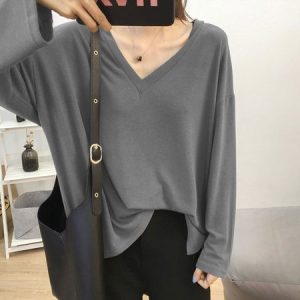 Casual Plain V Neck Long Sleeve T-Shirt, T-shirts, color:Gray|size:XXL, Noracora