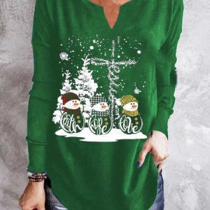 Casual Jersey Christmas Snowman Tunic T-Shirt, T-shirts, color:Green|size:XXL, Noracora
