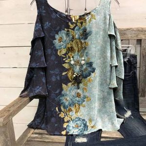 Floral Color-Block A-Line Casual Tops, Blouses, color:As Picture|size:3XL, Noracora
