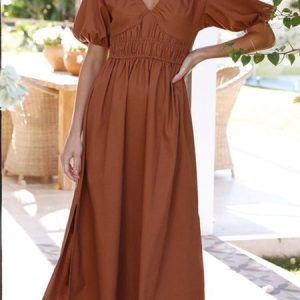 V Neck Dress, Maxi, color:Red Brown|size:XL, Noracora