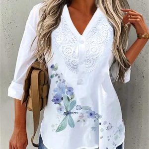 Dragonfly Printed V Neck Loose Long Sleeve Tunic Blouse, Shirts, color:White|size:XXL, Noracora