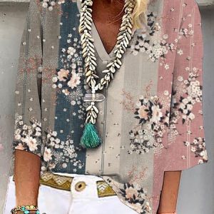 Casual Floral Three Quarter Sleeve V Neck Printed Top, Blouses, color:Multicolor|size:XS, Noracora
