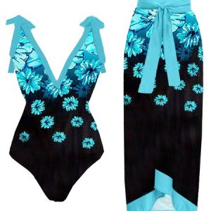 V Neck Vacation Floral One Piece With Cover Up, Swimsuit with Cover Ups, color:Blue|size:S, Noracora