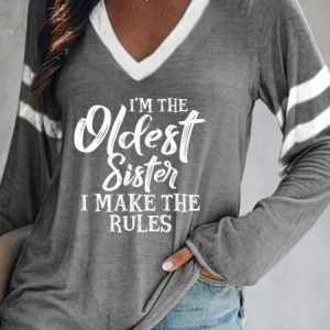 Letters Long Sleeve V Neck Casual T-Shirt, T-shirts, color:Gray|size:XXL, Noracora