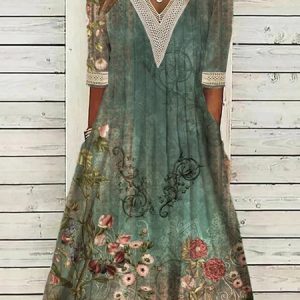 Floral V Neck Lace Pocket Stitching Loose Casual Dress, Maxi, color:Green|size:XXL, Noracora