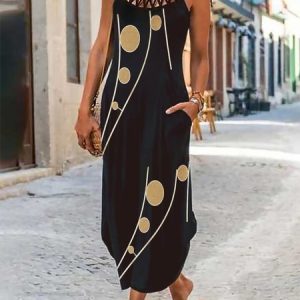 Geometric Sleeveless Crew Neck Casual Pockets Dress, Maxi, color:Black|size:XXL, Noracora