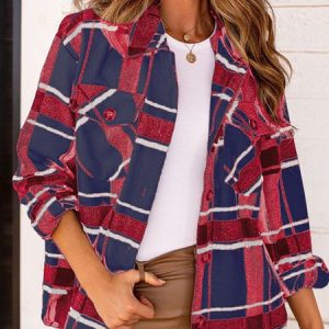Pocket Stitching Plaid Loose Casual Jacket, Jackets, color:Navyblue|size:XXL, Noracora
