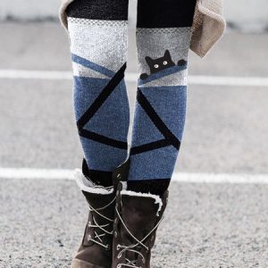 Color Block Cat Patterned Skinny Leggings, Leggings, color:Blue|size:3XL, Noracora