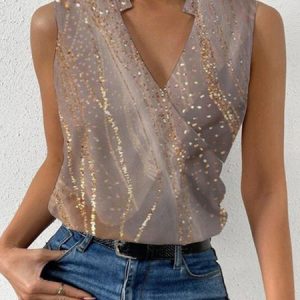 Abstract Casual Loose Sleeveless Shirt, Blouses, color:Khaki|size:XXL, Noracora