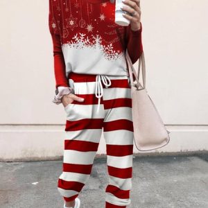 Christmas Stripe Crew Neck Casual Loose Two Piece Set, Sets, color:Red|size:XXL, Noracora