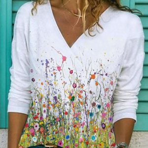 Casual Floral Printed Long Sleeve T-shirt, T-shirts, color:White|size:XXL, Noracora
