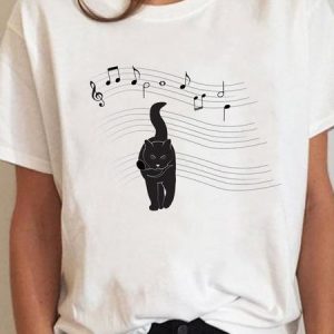 Casual Cat Music Print Short Sleeve T-Shirt, T-shirts, color:White|size:3XL, Noracora