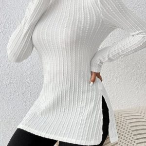 Half Turtleneck Casual Plain Jacquard T-Shirt 2023, T-shirts, color:White|size:XXL, Noracora