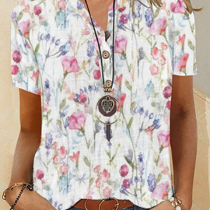 Floral Buttoned Short Sleeve Blouse, Shirts, color:Pink|size:XXL, Noracora