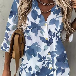 Casual V Neck Floral shirt & Tunic Top, Shirts, color:Blue|size:XXL, Noracora