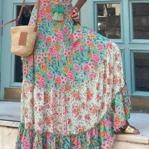 Floral Casual Loose Skirt, Skirts, color:Green|size:XL, Noracora