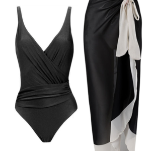 Vacation Plain One Piece With Cover Up, Swimsuit with Cover Ups, color:Black|size:XL, Noracora
