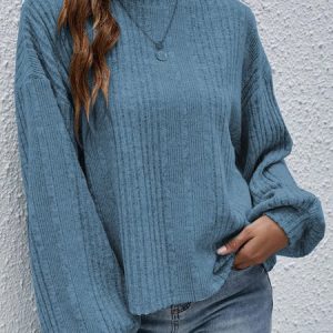 Half Turtleneck Loose Plain Top, Blouses, color:Blue|size:XXL, Noracora