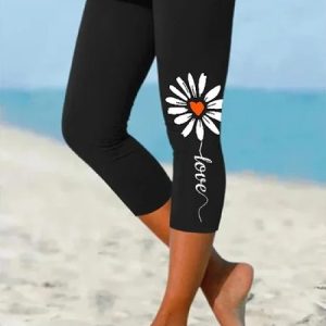 Casual Floral Skinny High Stretch Leggings, Leggings, color:Black|size:XXL, Noracora