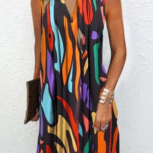Casual Abstract Sleeveless Stand Collar Tunic Dress, Short, color:Multicolor|size:XXL, Noracora