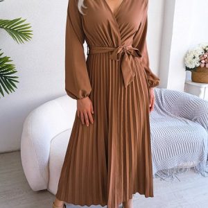 Urban V Neck Regular Fit Plain Dress, Maxi, color:Coffee|size:XL, Noracora