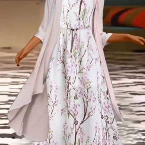 Floral Casual Short Sleeve Woven Dress With Outerwear, Maxi, color:As Picture|size:XXL, Noracora