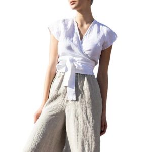 Linen Regular Fit V Neck Shirt, Blouses, color:White|size:XL, Noracora