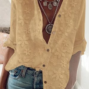 Women's Lace Stitching Cotton Linen Long Sleeve Shirt, Shirts, color:Khaki|size:XXL, Noracora