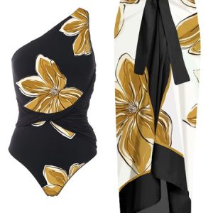 Vacation Floral Printing One Shoulder One Piece With Cover Up, Swimsuit with Cover Ups, color:Black|size:XXL, Noracora