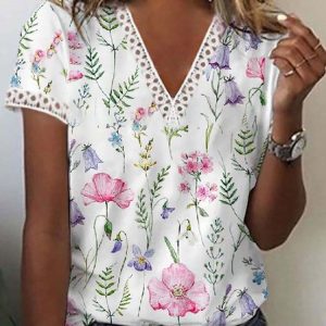 Floral V-Neck Lace Short Sleeve Top, T-shirts, color:White|size:3XL, Noracora