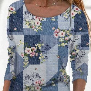 Floral Casual Crew Neck Jersey T-Shirt 2023, T-shirts, color:Blue|size:XXL, Noracora