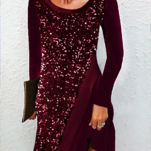 Loose Sequin Long Sleeve Party Dress, Short, color:Red|size:XXL, Noracora