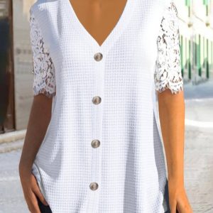 Plain Vintage V Neck Jersey Blouse, Shirts, color:White|size:XXL, Noracora