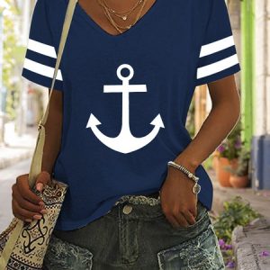 Sea Casual V Neck Anchor T-Shirt, T-shirts, color:Blue|size:XXL, Noracora