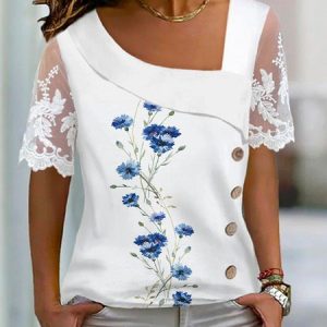 Floral Lace Short Sleeve Buckle Asymmetrical Neck Casual Blouse, Blouses, color:White|size:XXL, Noracora