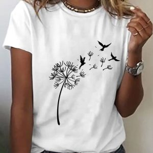 Dandelion Casual Crew Neck T-Shirt, T-shirts, color:White|size:3XL, Noracora