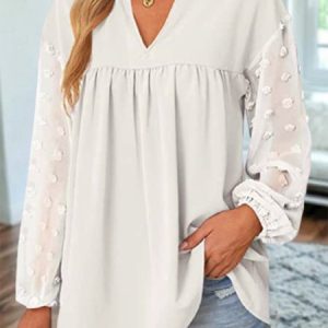 Plain Mesh Long Sleeve Casual Shirt, Blouses, color:White|size:XXL, Noracora
