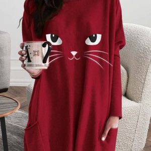 Loose Crew Neck Cat  Halloween T-Shirt, T-shirts, color:Wine Red|size:XXL, Noracora