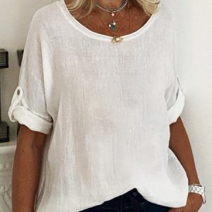 Elasticity 3/4 Sleeve Casual Top, Tops, color:White|size:XXL, Noracora