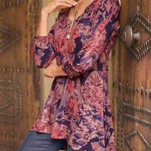 3/4 Sleeve Vintage V Neck Tunic Blouse, Tops, color:Purple|size:4XL, Noracora