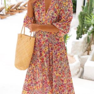 Disty Floral V Neck Loose Vacation Dress, Midi, color:Multicolor|size:XXL, catalog Noracora shop
