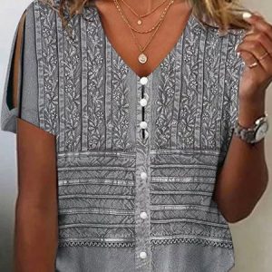 Floral Buttoned V Neck Casual Shirt, Blouses, color:Gray|size:XXL, Noracora