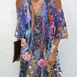 Loose Mesh V Neck Casual Dress, Short, color:Purple|size:3XL, Noracora
