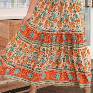 Boho Floral Regular Fit Skirt, Skirts, color:Orange|size:XL, Noracora