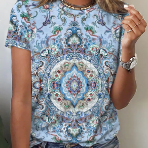 Crew Neck Boho Loose Ethnic T-Shirt, T-shirts, color:Blue|size:3XL, Noracora