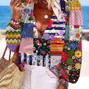 Shift Floral Cotton Long Sleeve Blouse, Shirts, color:As Picture|size:3XL, Noracora