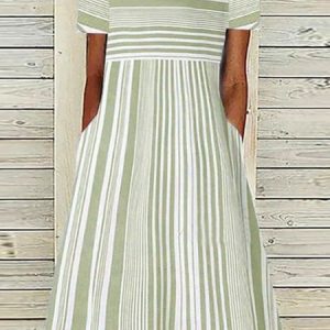 Striped Pockets Short Sleeve Notched Casual Dress, DRESSES, color:Aqua|size:3X, Noracora