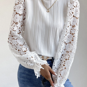 Plain Stand Collar Lace Party Top, Blouses, color:White|size:XXL, Noracora