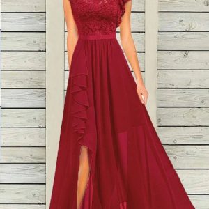 Crew Neck Regular Fit Party Lace Dress, Maxi, color:Wine Red|size:XL, Noracora