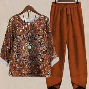 Nationality/Ethnic Casual Loose Crew Neck Two-Piece Set, Sets, color:Orange|size:XXL, Noracora